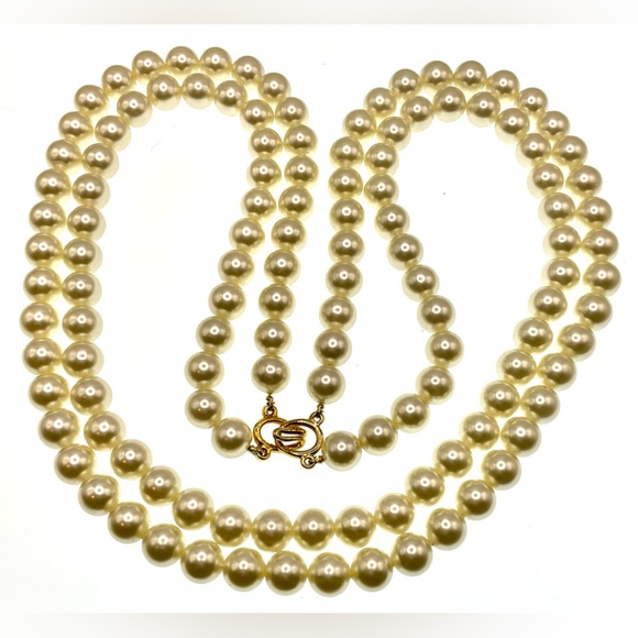 Vintage Gold Tone Long Double Strand Beaded White Faux Pearl Necklace - Picture 2 of 5